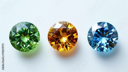 Three identical-sized gemstones, Peridot, Citrine, and Topaz, aligned in a row, showcasing their vibrant green, yellow, and blue hues respectively, against a white backdrop