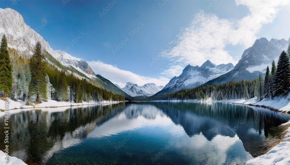 snowy landscape lake surrounded by mountains and a forest