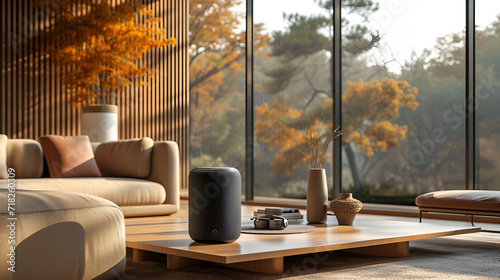 Modern high technology AI Bluetooth speaker with a relaxed environment. Generative AI 