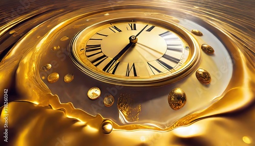  illustration of the illusion of time a surreal clock made of golden and mercury materials melting in a distorted and fluid manner photo