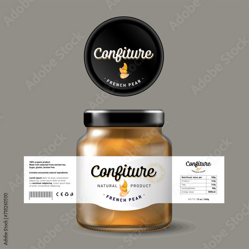 French Pears stewed in wine. Confiture label. Sweet food. White label with fruits and letters. Mock up of glass jar with label.