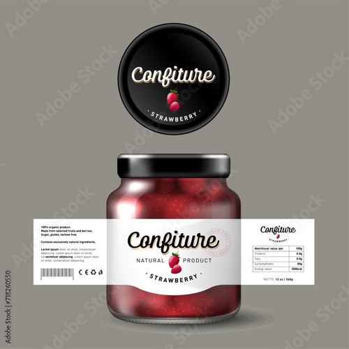 Strawberry confiture. Sweet food. White label with berries and letters. Mock up of glass jar with label.