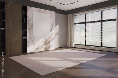 Obraz na płótnie Contemporary empty interior with marble wall. 3d render illustration, mock up for furniture placement w salonie