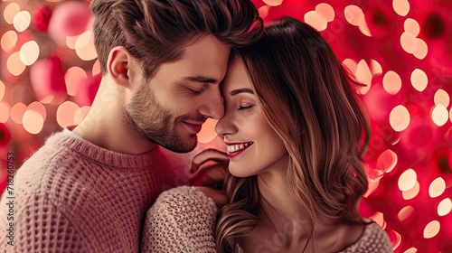 Beautiful young couple is hugging and smiling while standing against red bokeh background