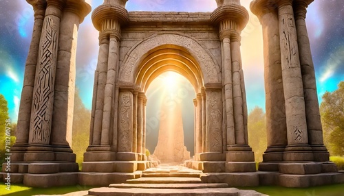 ancient arch and pillars portal to another world magical ancient runes © Raymond