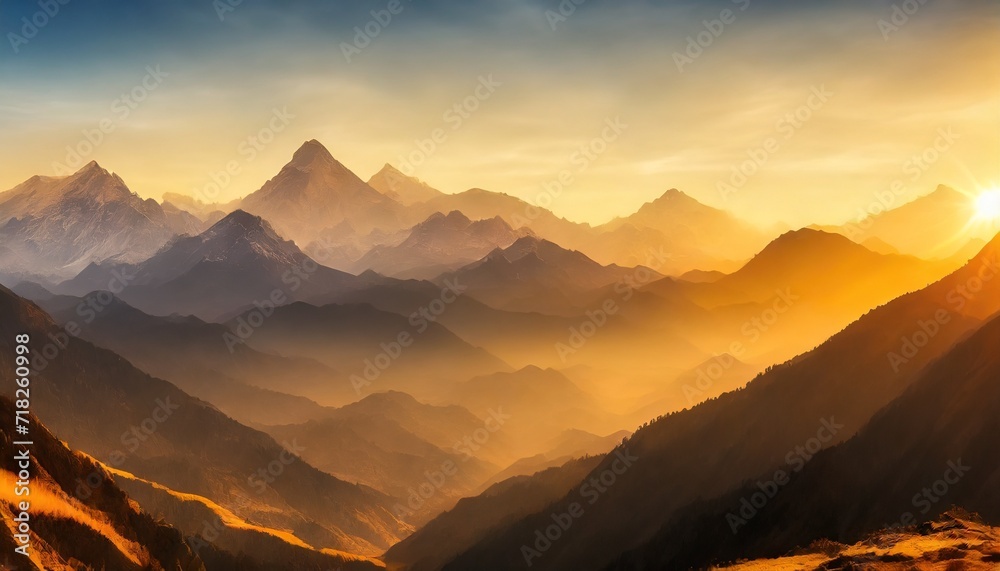 painting of panoramic view of great himalayan range at sunset with the mountains glowing in the warm light of the setting sun - obrazy, fototapety, plakaty 