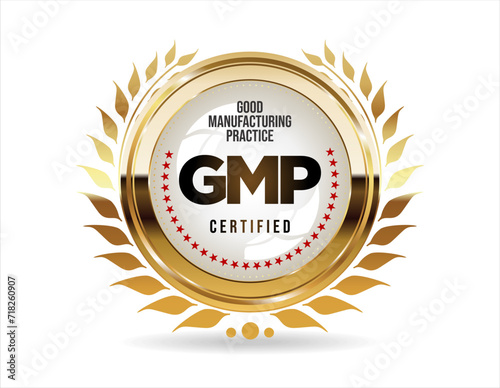 GMP Good Manufacturing Practice certified gold stamp on white background  