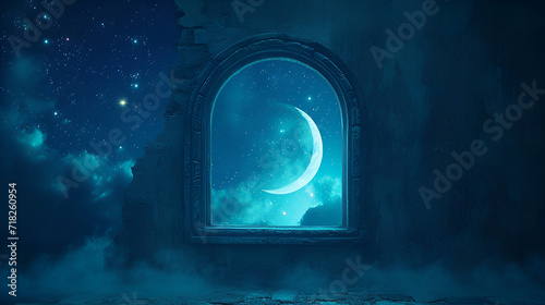 Mystical window with crescent moon in night sky Generative Ai