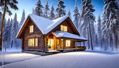 a cozy wooden cabin cottage chalet house covered in snow in winter forest with the lights turn on