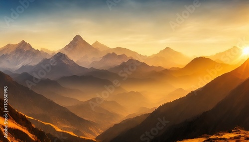 painting of panoramic view of great himalayan range at sunset with the mountains glowing in the warm light of the setting sun photo