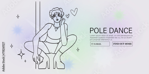 Young sexy female character in lingerie on high hills perform pole dance in fitness studio or competition. Modern fitness classes for women vector illustration. Poledancer stretching or exercising.