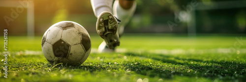 Soccer player kicking ball on blurred soccer field background with copy space.