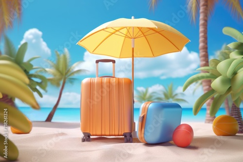 Orange suitcase with umbrella and ball on the sandy beach