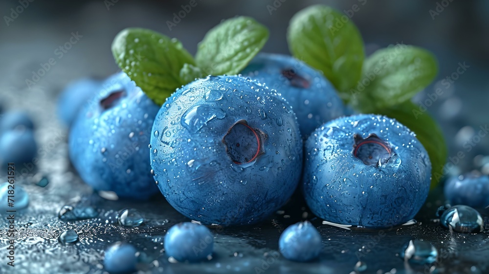 Close-up of fresh dewy blueberries with green leaves on a dark surface. juicy ripe berries macro shot. AI Close-up of fresh dewy blueberries with green leaves on a dark surface. juicy ripe berries macro shot. AI