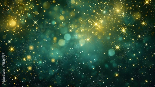 Gold Stars and Bokeh Glitter on Green and Black Background
