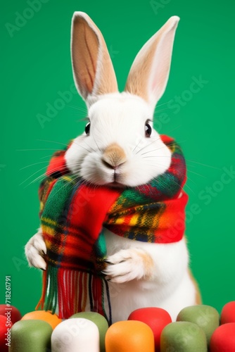 portrait of a cute bunny wearing knitted hat, scarf and easter eggs, colorful background 