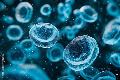 Floating Blue Endocrine Cells in Soft Focus Lens on Dark Background