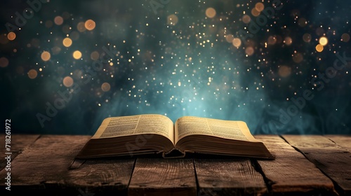 Ancient Book on Table under Blue Starry Bokeh Sky