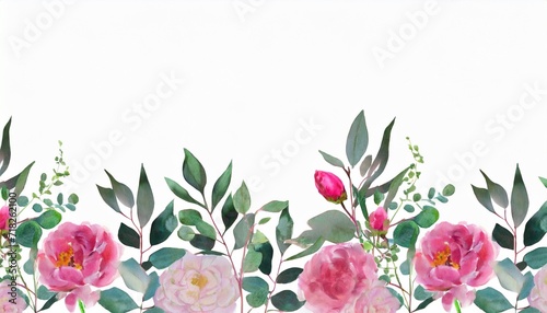 watercolor botanical leaf and buds roses peonies seamless herbal composition for wedding or greeting card spring border with leaves eucalyptus © Raymond