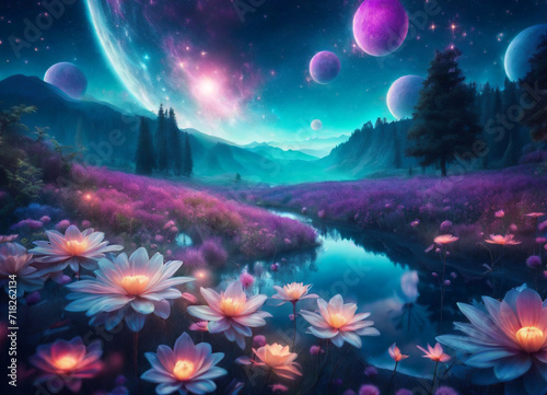 This enchanting image captures a mystical landscape bathed in the soft glow of a radiant moon, making it an ideal choice for projects related to fantasy, nature, and serenity.