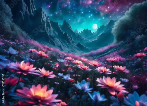 This enchanting image captures a mystical landscape bathed in the soft glow of a radiant moon, making it an ideal choice for projects related to fantasy, nature, and serenity.