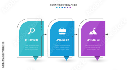 Timeline infographic with infochart. Modern presentation template with 3 spets for business process. Website template on white background for concept modern design. Horizontal layout.