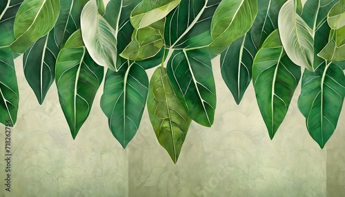 topical leaves hanging from the top large leaves art drawing on a texture background photo wallpaper in the room photo