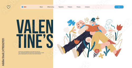 Valentine: Literary Love - modern flat vector concept illustration of a couple enjoying a book together in a serene natural setting. Metaphor for shared interests and intellectual harmony