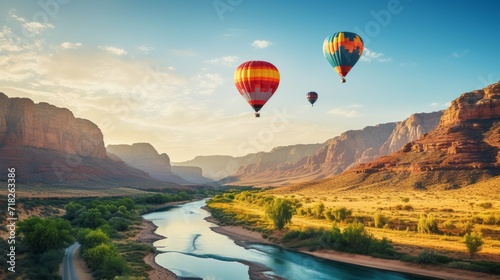 Hot air balloons fly over a beautiful canyon © ColdFire