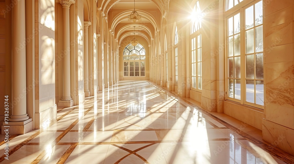Reflective Tranquility in Sun-Bathed Ornate Hallway