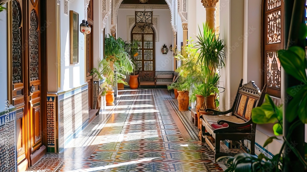 Fototapeta premium Reflective Tranquility in Sun-Bathed Ornate Hallway