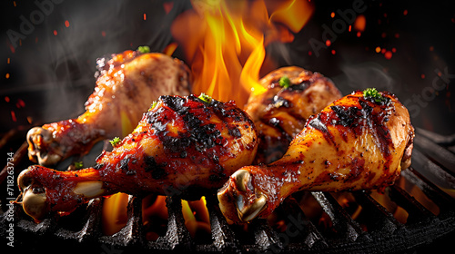 Seasoned juicy chicken drumsticks grilled on barbecue with fire and smoke background, Generative Ai photo