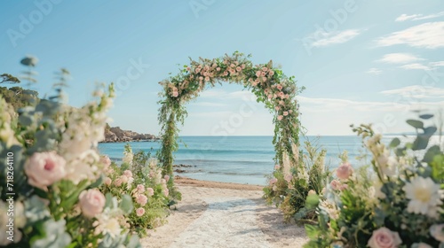 Wedding arch. A circular arch decorated with flowers on the shore of the sea or pond.