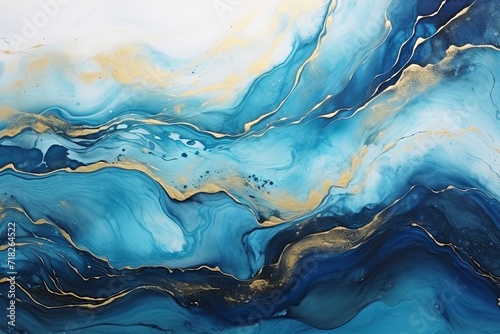 Abstract watercolor blue marble alcohol ink texture and luxury realistic gold glitter acrylic background