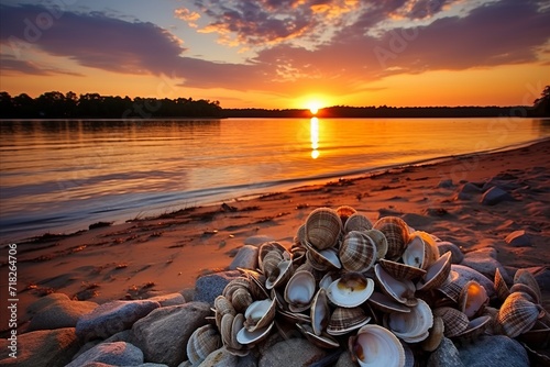 Sunset Seashore with Fresh Clam Harvest photo