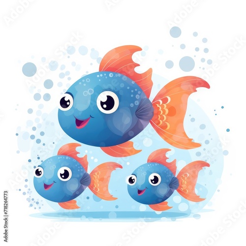 Illustration of a family of fish with flowers on a white background. © nafanya241