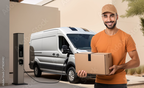 Delivery man with box on a background of electric van with charging station © scharfsinn86