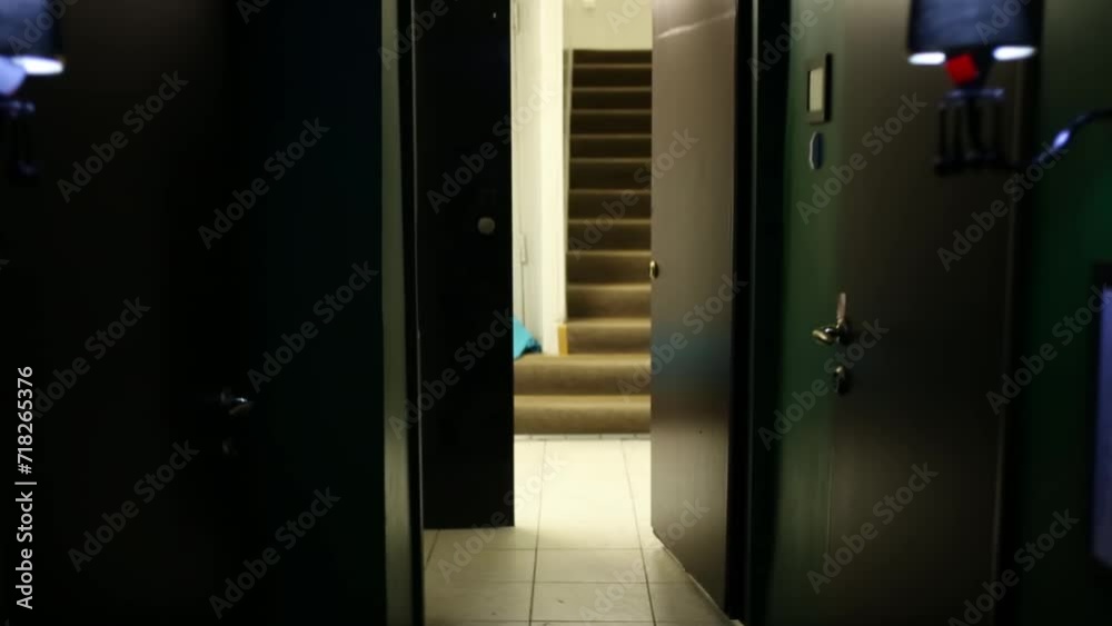 Dark corridor with doors, lamps and exit to stairwell. Dark corridor with doors, lamps and exit to stairwell.
