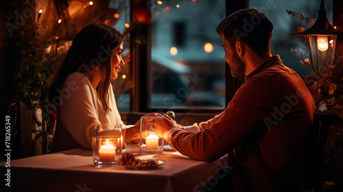 Romantic Dinner. Valentine's Day. Side view portrait of laughing happy couple enjoying celebrating date in the romance restaurant. Two glasses of red wine and candles on the wooden desk. Generative AI