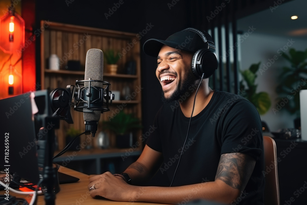 A cheerful male podcaster records an episode in a professional studio setup, radiating positivity and engagement. A cheerful male podcaster records an episode in a professional studio setup, radiating positivity and engagement.