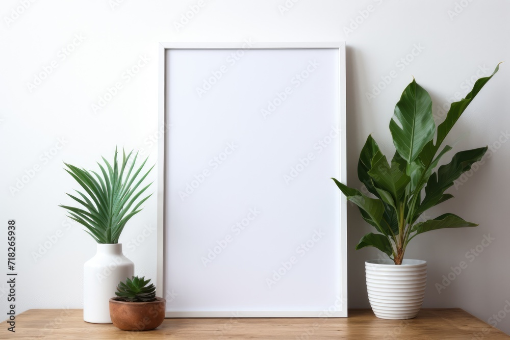 Empty wooden picture frame mockup on table leaning on the white wall with a green plant. Empty wooden picture frame mockup on table leaning on the white wall with a green plant.