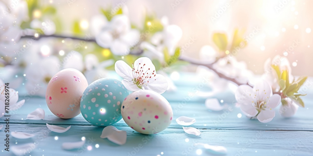 Spring background with white blossom and pastel color Easter eggs on light blue wooden table , light blurred background, soft sunlight