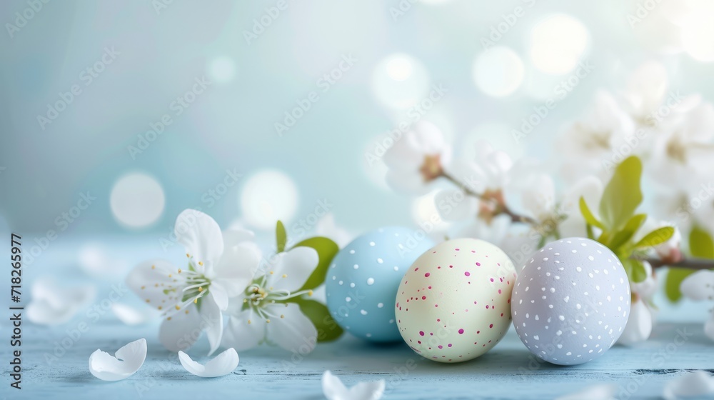 Spring background with white blossom and pastel color Easter eggs on light blue wooden table , light blurred background, soft sunlight Spring background with white blossom and pastel color Easter eggs on light blue wooden table , light blurred background, soft sunlight