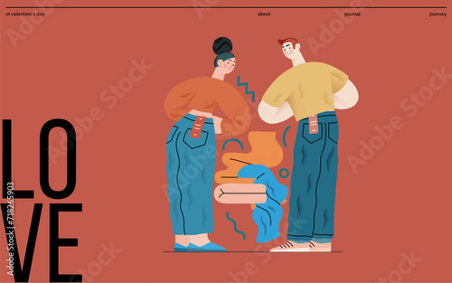 Valentine: Perfect Fit - modern flat vector concept illustration of a couple trying on jeans in a fitting room. Metaphor for finding the right match in love as in life