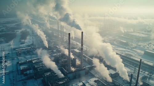 Industrial Plant Emitting Steam and Smoke in Winter Landscape