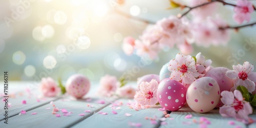 Easter serenity with blossoms and pastel eggs, spring soft-focus backdrop