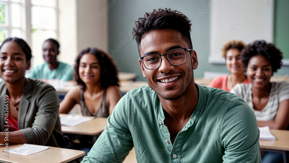 Obraz premium Happy black university student attending lecture in classroom and looking at camera.