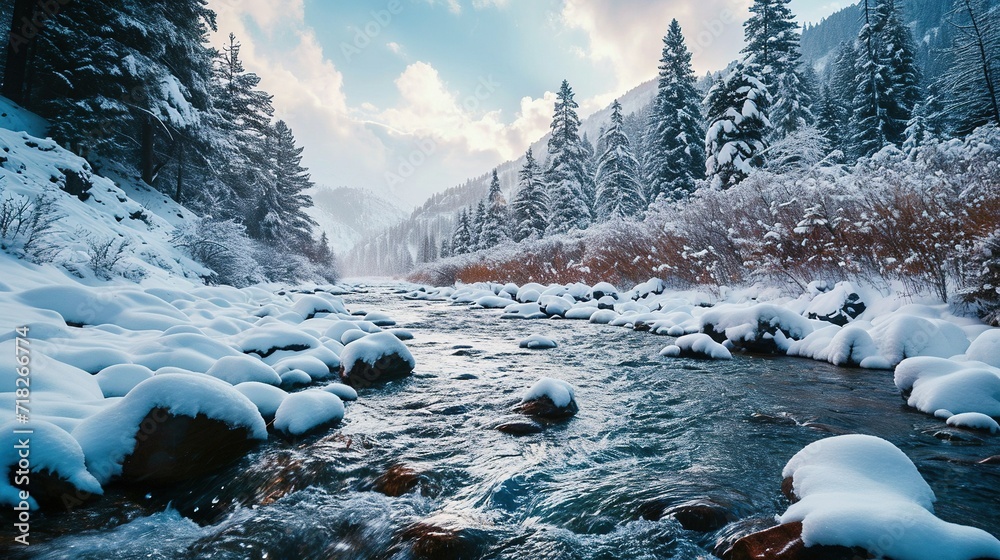 Winter mountain frozen river in the snow. Created with Generative Ai technology.