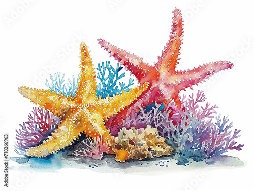 set di stelle marine e coralli in stile acquerello su sfondo bianco scontornabile photo