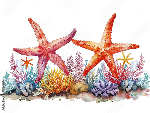 set di stelle marine e coralli in stile acquerello su sfondo bianco scontornabile